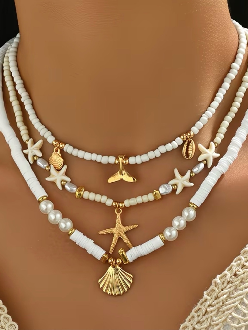 Layered White & Gold Beach Charm Necklace Set